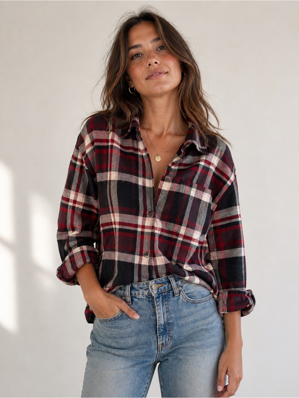 Women's Red and Black Plaid Button-Down Shirt